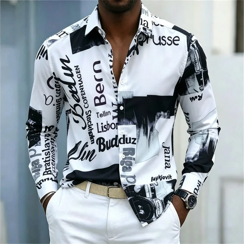 Mens Fashion Summer - 남성용 프린트 긴팔 셔츠, 슬림핏 칼라,