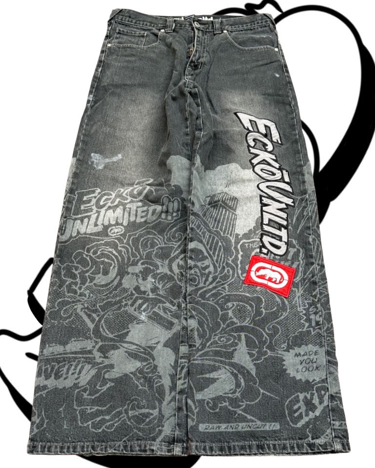 Men'S Fashion With Baggy Jeans - 아메리칸 패션 프린팅 청바지 힙합 배기