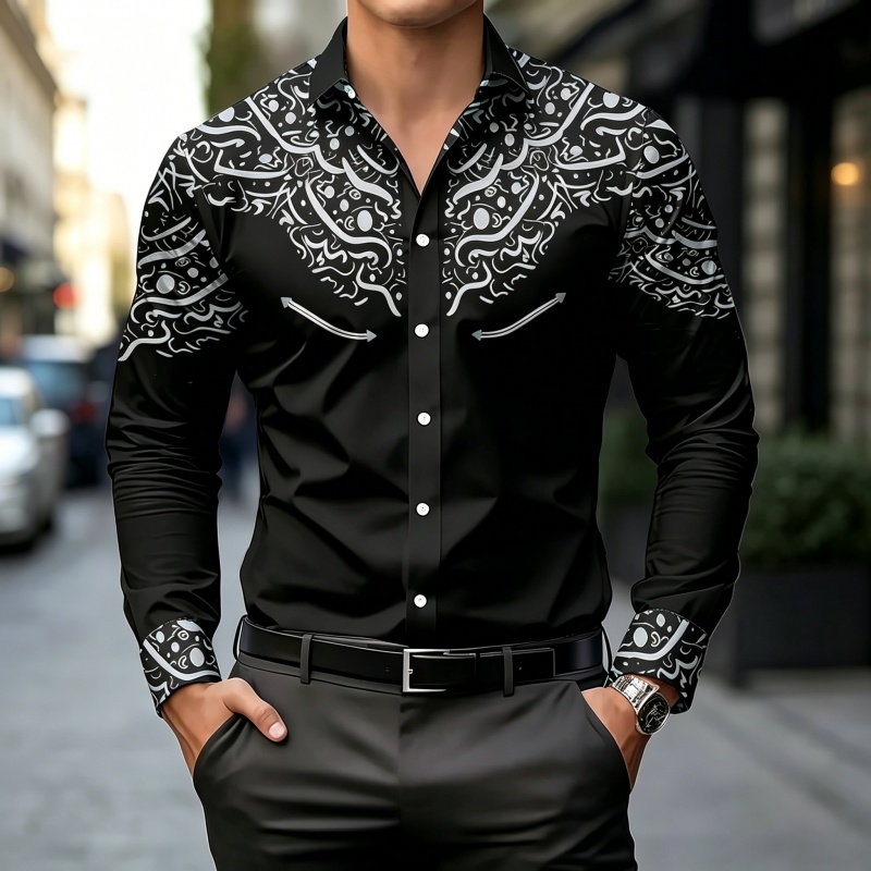 Mens Fashion Summer - 흑백 대비 프린트 셔츠, 슬림핏, 트렌디,