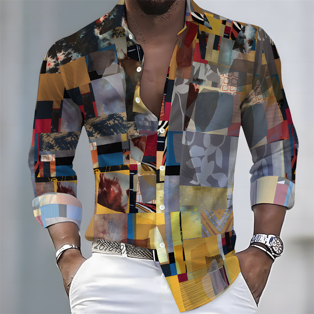 남성용 라이트 럭셔리 스타일 컬러 블록 프린트 긴팔 셔 - Men'S Fashion Looks 리뷰 및 가격
