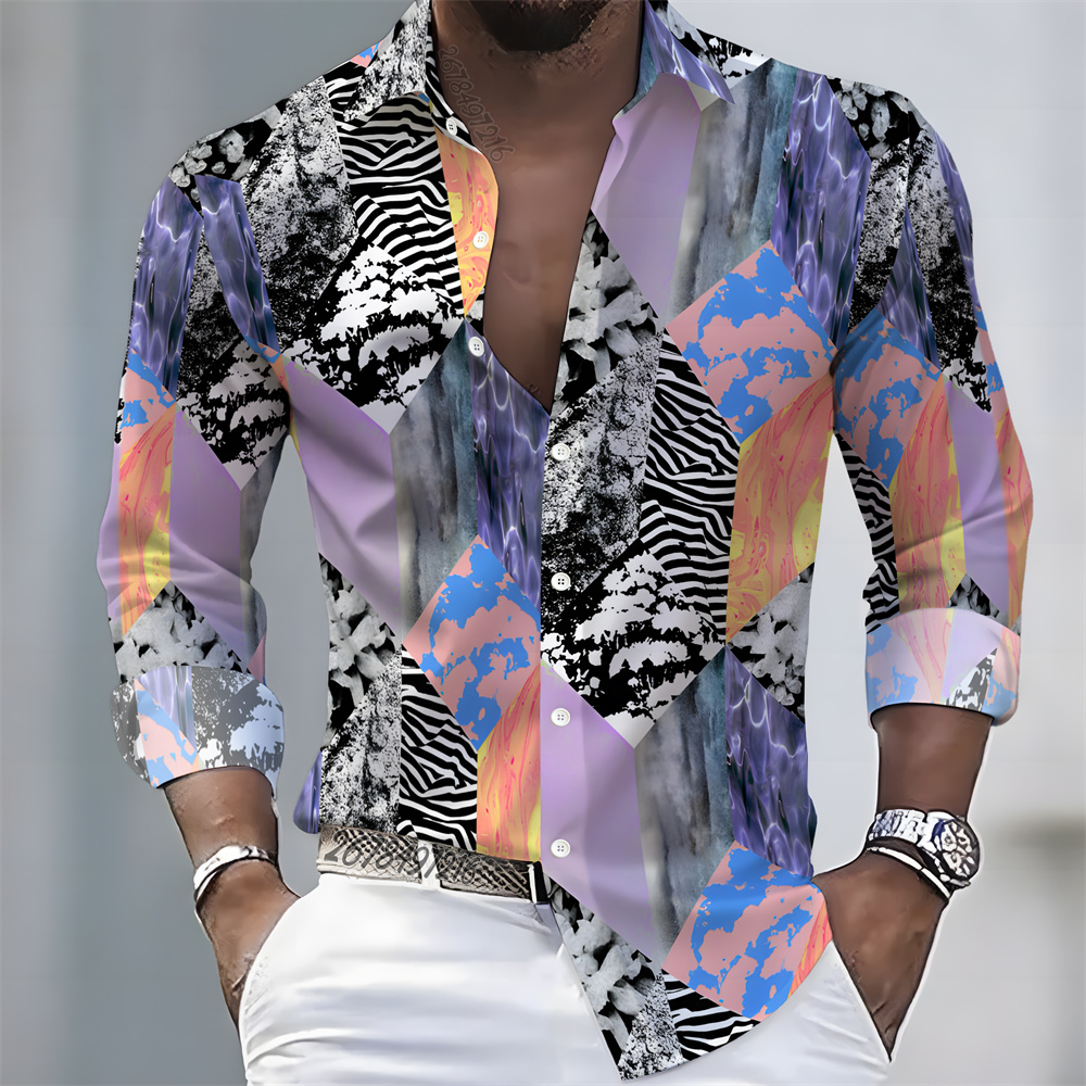 남성용 라이트 럭셔리 스타일 컬러 블록 프린트 긴팔 셔 - Men'S Fashion Looks 리뷰 및 가격